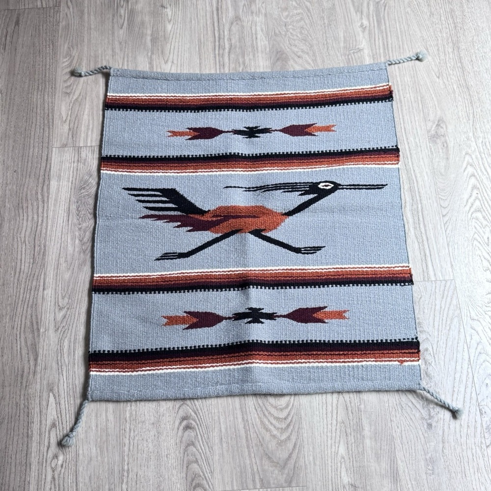 VTG Chimayo‎ Aztec Zapotec Rug Tapestry 100% Wool Hand Woven 32x27" Roadrunner